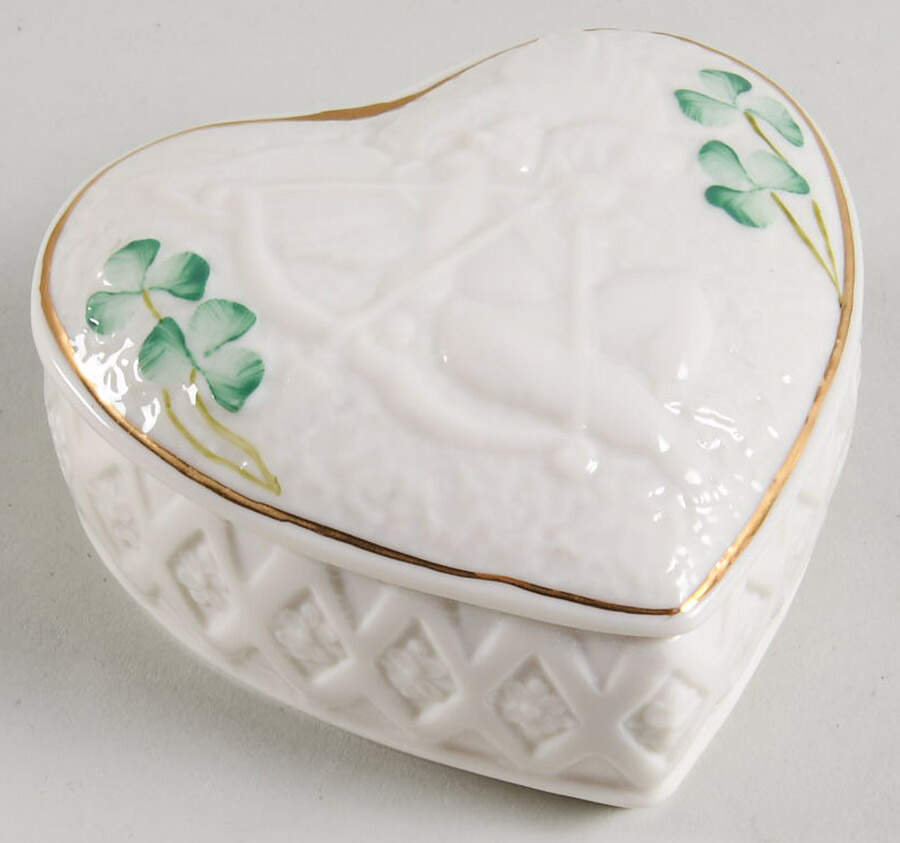 Shamrock Heart Shape Box & Lid by Belleek Pottery (Ireland)-1