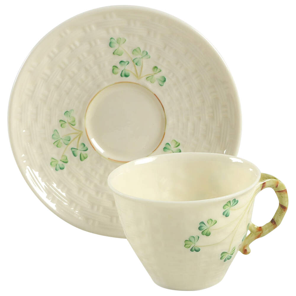 Shamrock Flat Cup & Saucer Set by Belleek Pottery (Ireland)-1