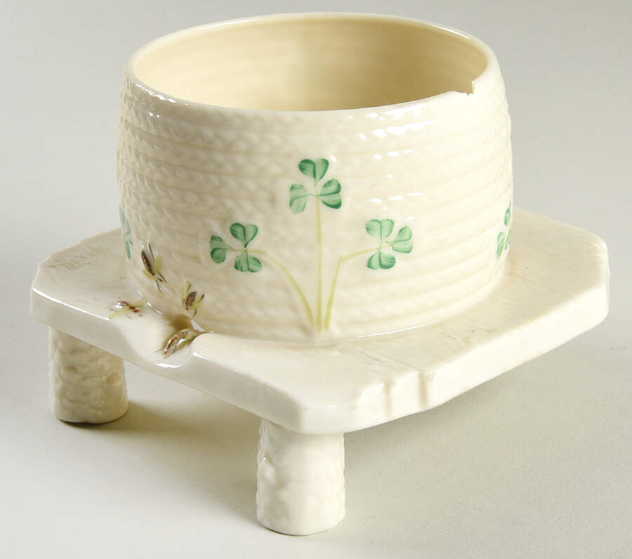 Shamrock Honey Pot with Attached Plate, No Lid by Belleek Pottery (Ireland)-1