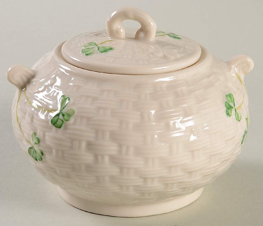 Shamrock Sugar Bowl & Lid by Belleek Pottery (Ireland)-1