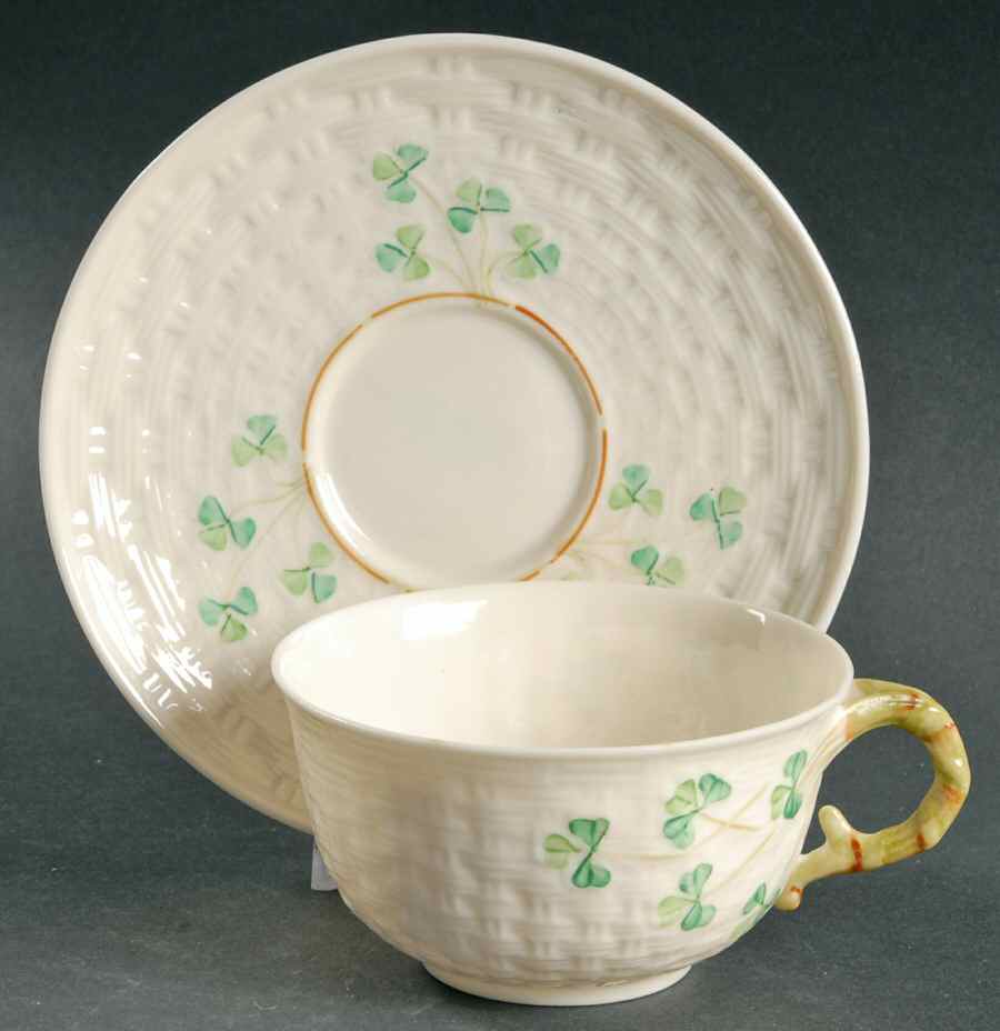 Shamrock Flat Cup & Saucer Set by Belleek Pottery (Ireland)-1