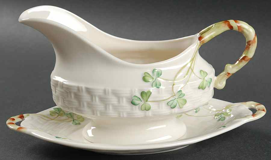 Shamrock Gravy Boat & Underplate by Belleek Pottery (Ireland)-1