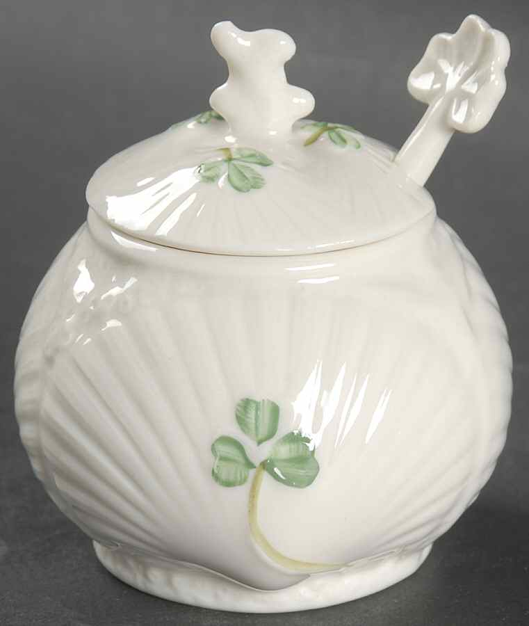 Harp Shamrock Mustard Jar & Lid with Spoon by Belleek Pottery (Ireland)-1