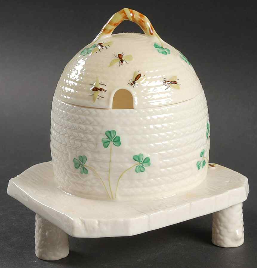 Shamrock Honey Pot with Lid and Attached Plate by Belleek Pottery (Ireland)-1