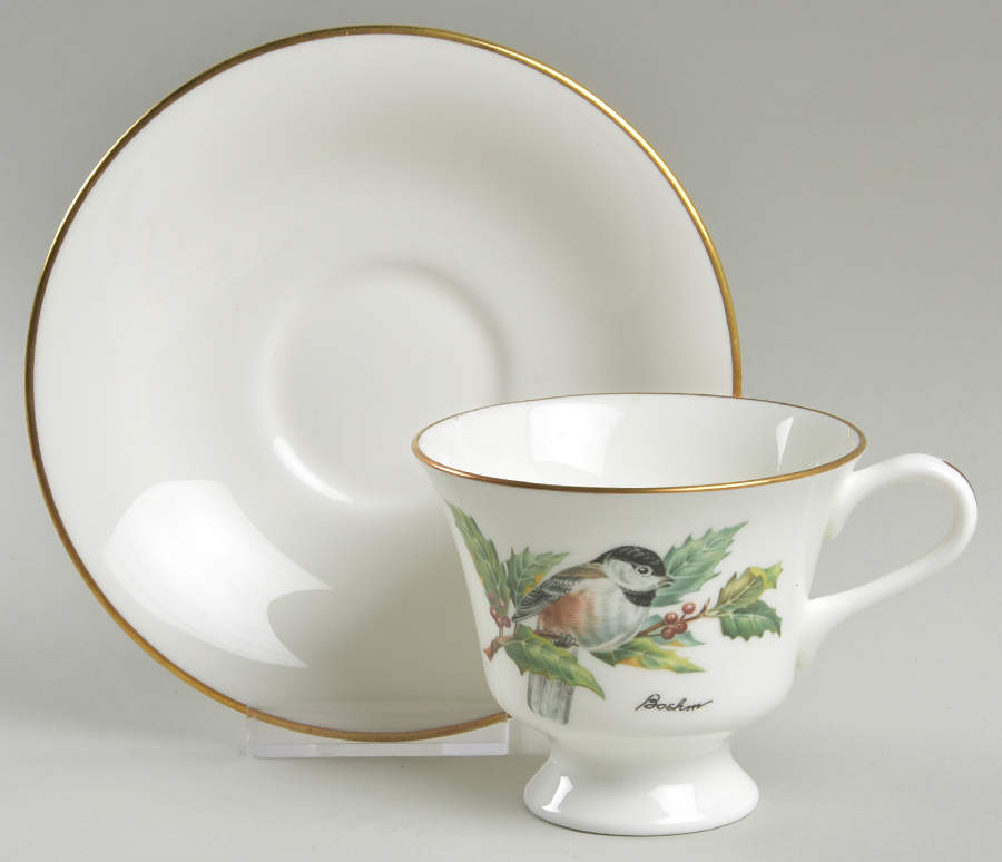 Chickadee & Holly Footed Cup & Saucer Set by Boehm-1