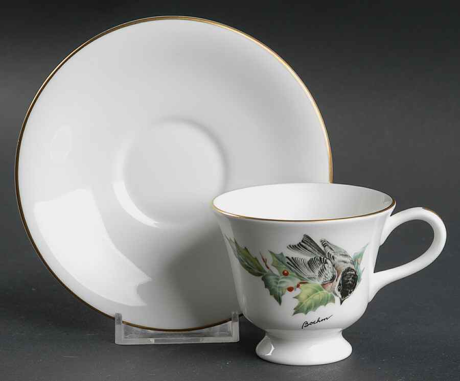 Chickadee & Holly Footed Demitasse Cup & Saucer Set by Boehm-1