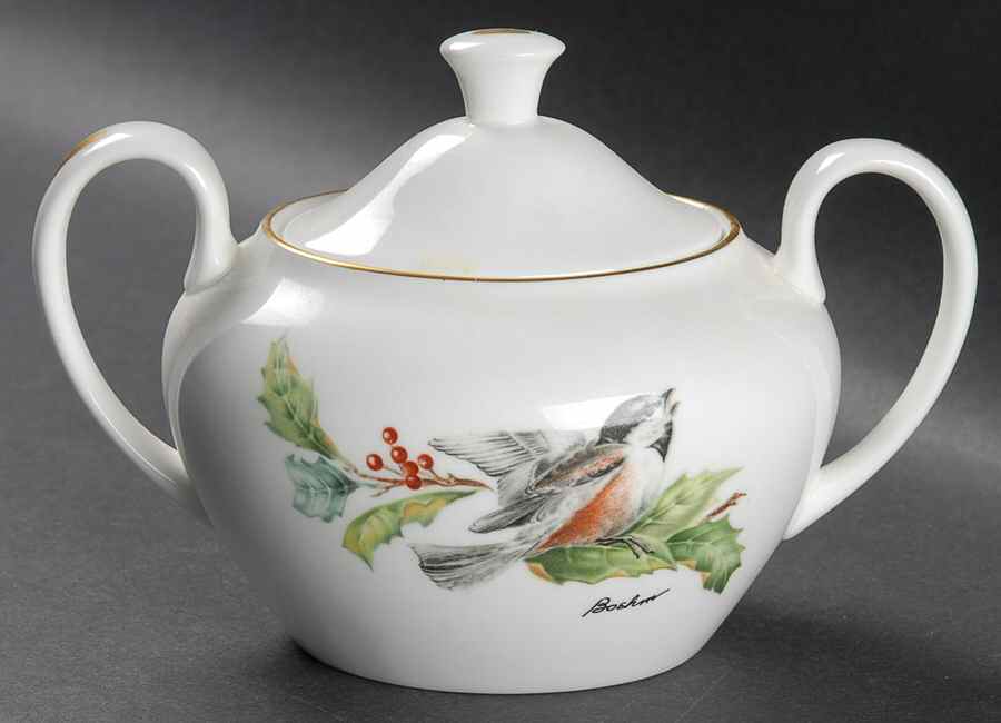 Chickadee & Holly Sugar Bowl & Lid by Boehm-1