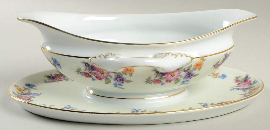 Floradora (Cream Border) Gravy Boat with Attached Underplate by Bohemia Ceramic Works-1