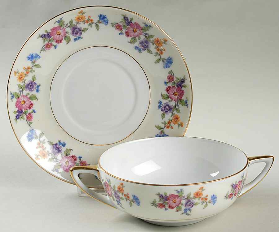 Floradora (Cream Border) Flat Cream Soup Bowl & Saucer Set by Bohemia Ceramic Works-1