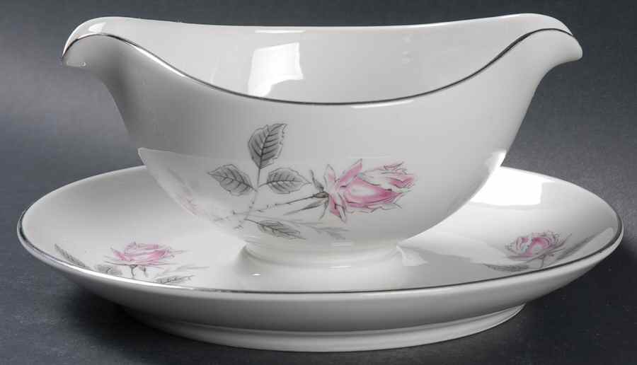 Silver Rose (Platinum Trim) Gravy Boat with Attached Underplate by Bohemia Ceramic Works-1
