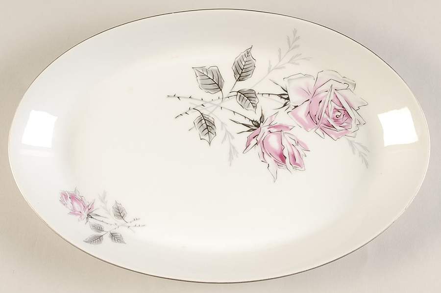 Silver Rose (Platinum Trim) 12" Oval Serving Platter by Bohemia Ceramic Works-1
