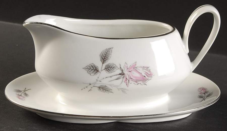 Silver Rose (Platinum Trim) Gravy Boat with Attached Underplate by Bohemia Ceramic Works-1