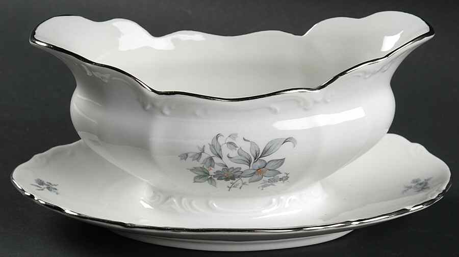 Wild Flower (Platinum Trim) Gravy Boat with Attached Underplate by Bohemia Ceramic Works-1