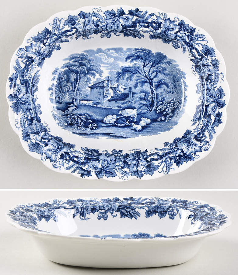 British Scenery Blue (Scalloped, A8024) 9" Oval Vegetable Bowl by Booths-1