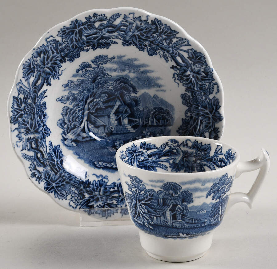 British Scenery Blue (Scalloped, A8024) Flat Demitasse Cup & Saucer Set by Booths-1