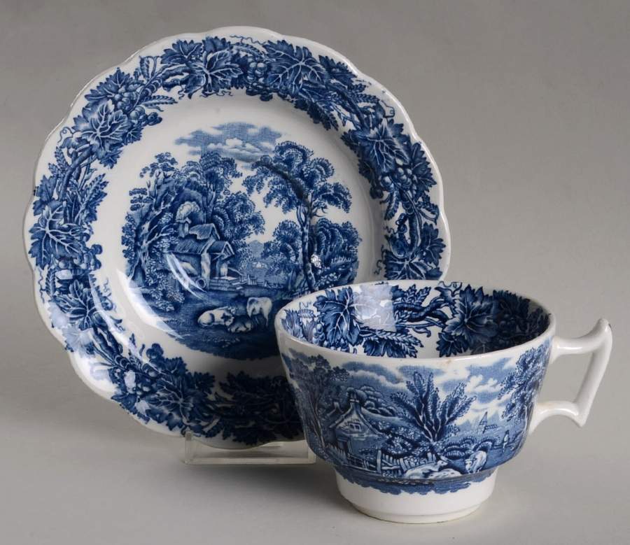British Scenery Blue (Scalloped, A8024) Oversized Cup & Saucer Set by Booths-1