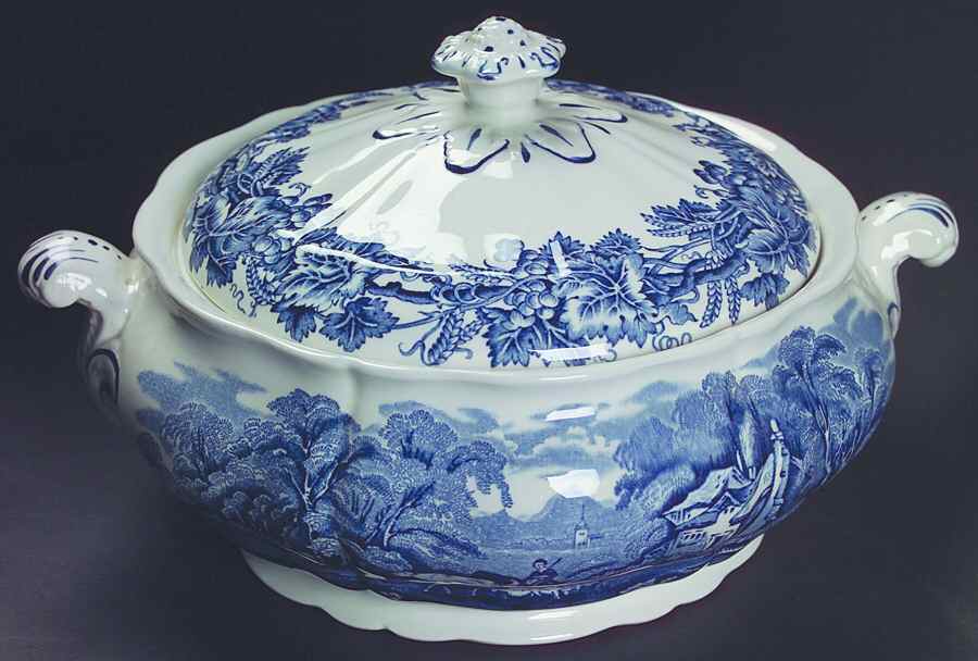 British Scenery Blue (Scalloped, A8024) Round Covered Vegetable by Booths-1