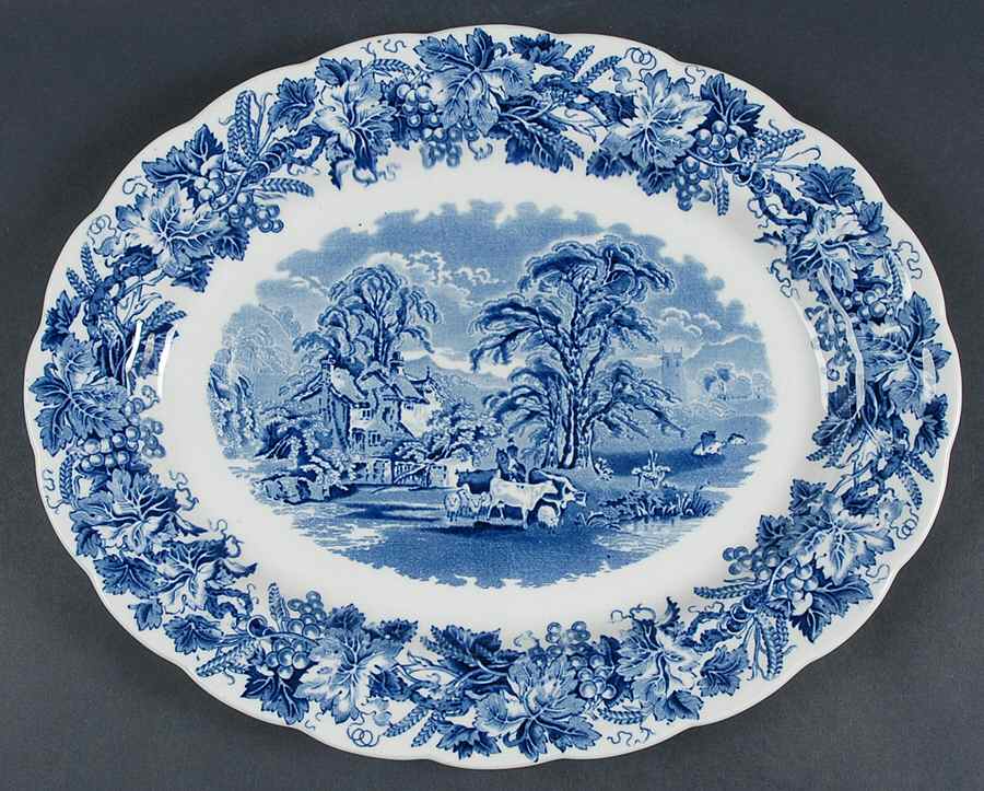 British Scenery Blue (Scalloped, A8024) 14" Oval Serving Platter by Booths-1