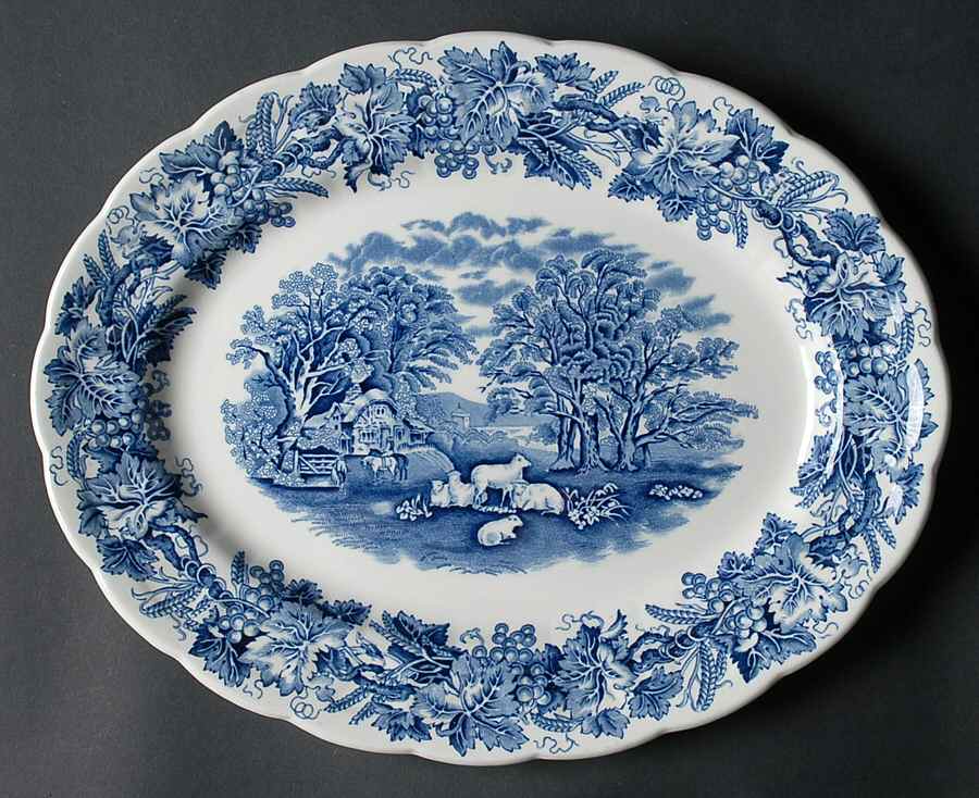 British Scenery Blue (Scalloped, A8024) 12" Oval Serving Platter by Booths-1