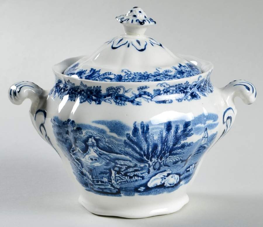 British Scenery Blue (Scalloped, A8024) Sugar Bowl & Lid by Booths-1