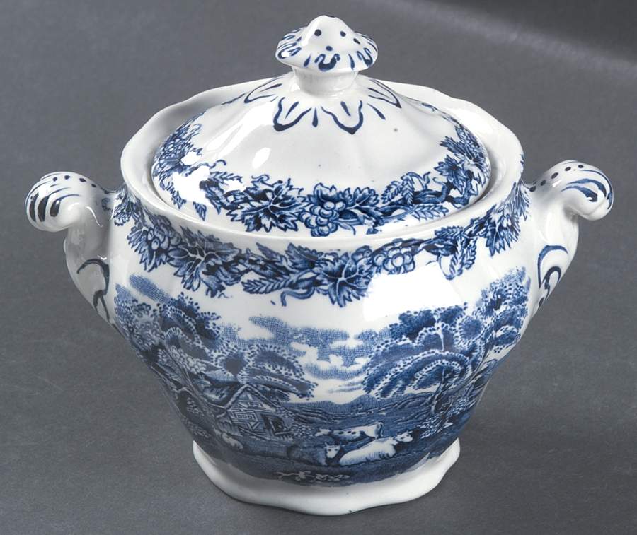 British Scenery Blue (Scalloped, A8024) Sugar Bowl & Lid by Booths-1