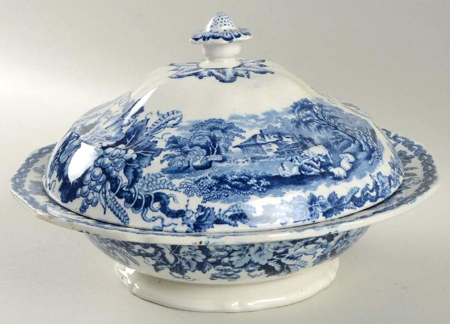 British Scenery Blue (Scalloped, No #) Round Covered Vegetable by Booths-1