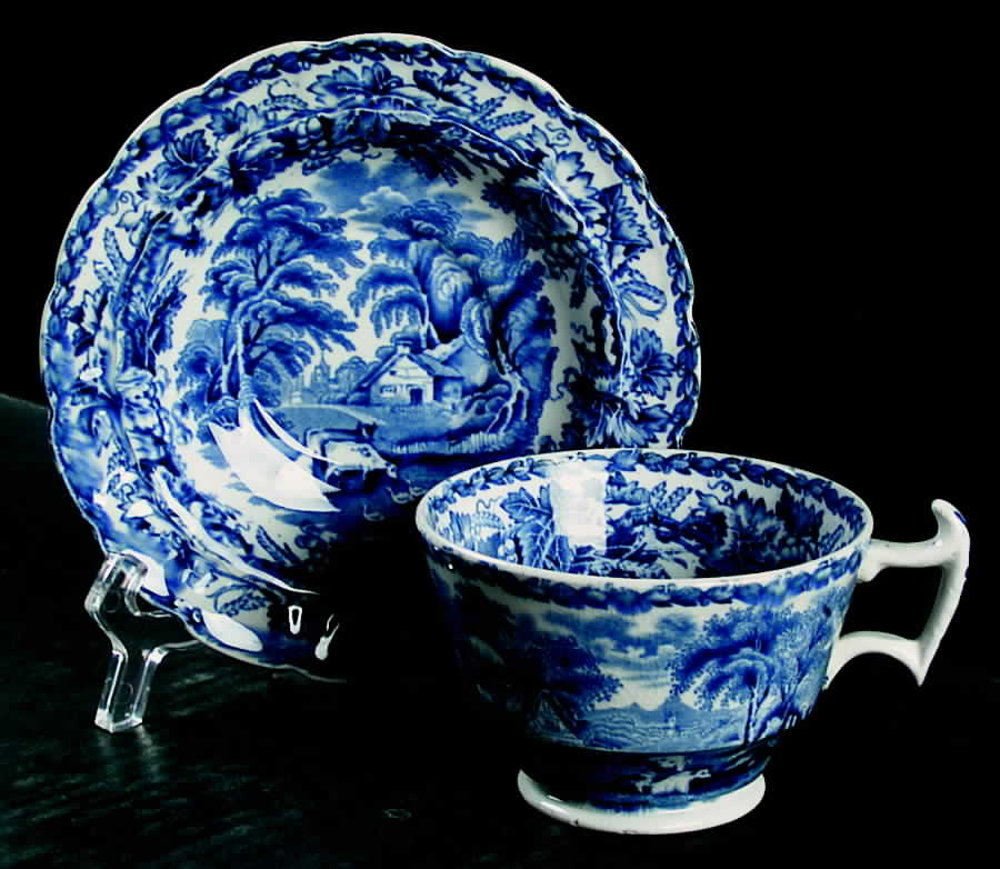 British Scenery Blue (Scalloped, No #) Footed Cup & Saucer Set by Booths-1
