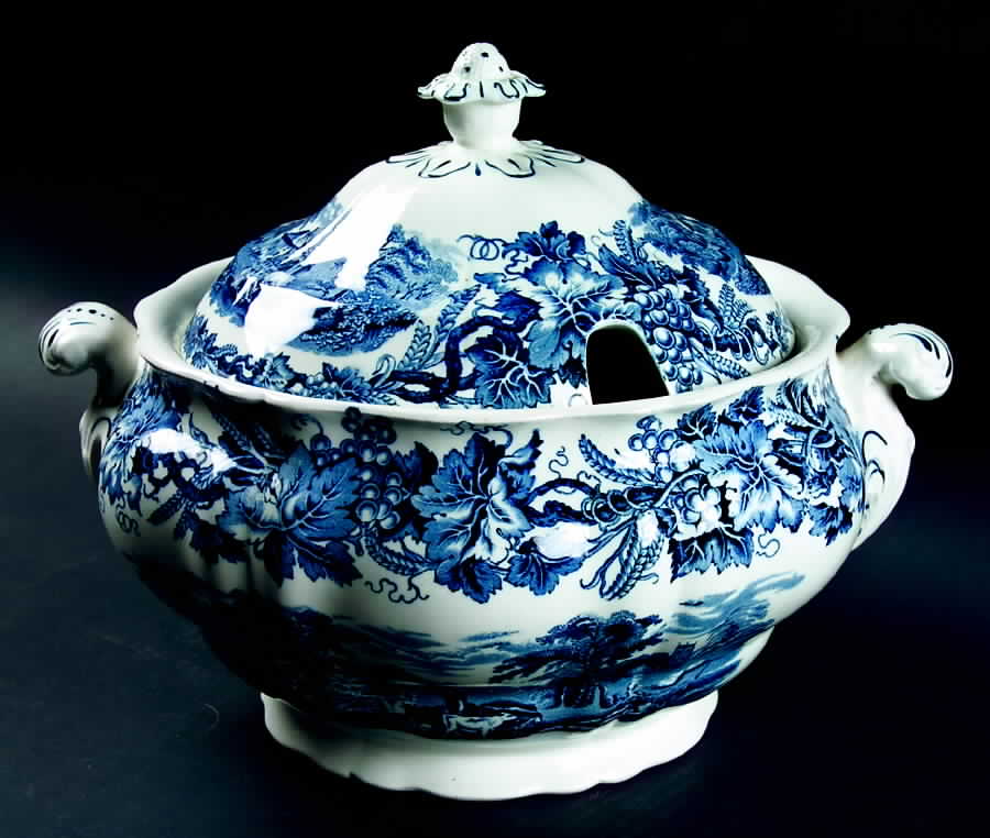 British Scenery Blue (Scalloped, No #) Tureen &  Lid by Booths-1