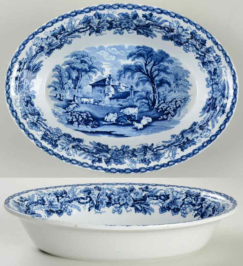British Scenery Blue (Scalloped, No #) 9" Oval Vegetable Bowl by Booths-1