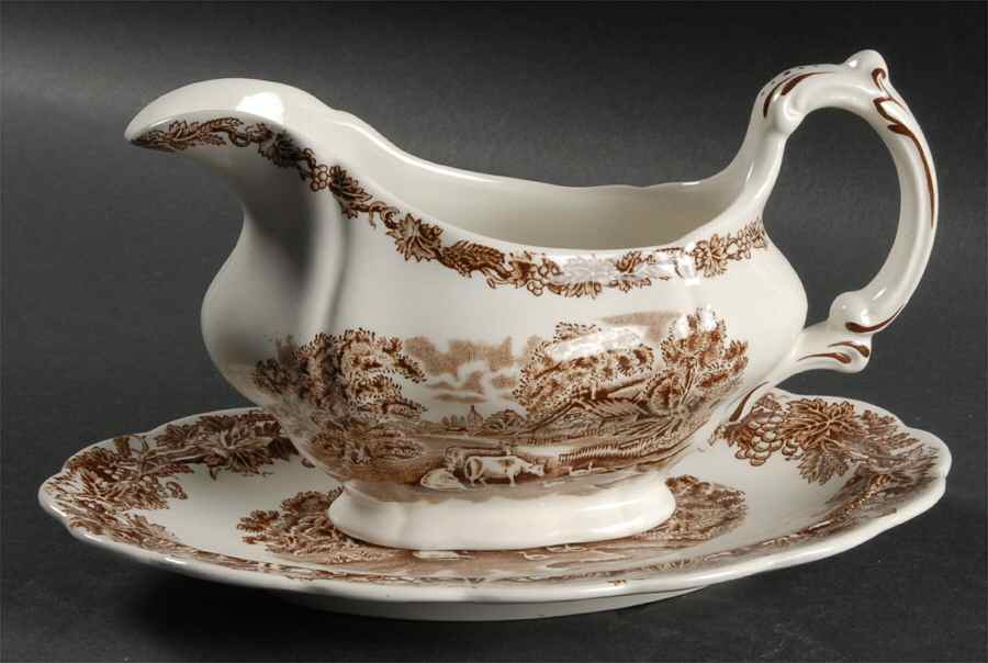 British Scenery Brown Gravy Boat & Underplate by Booths-1