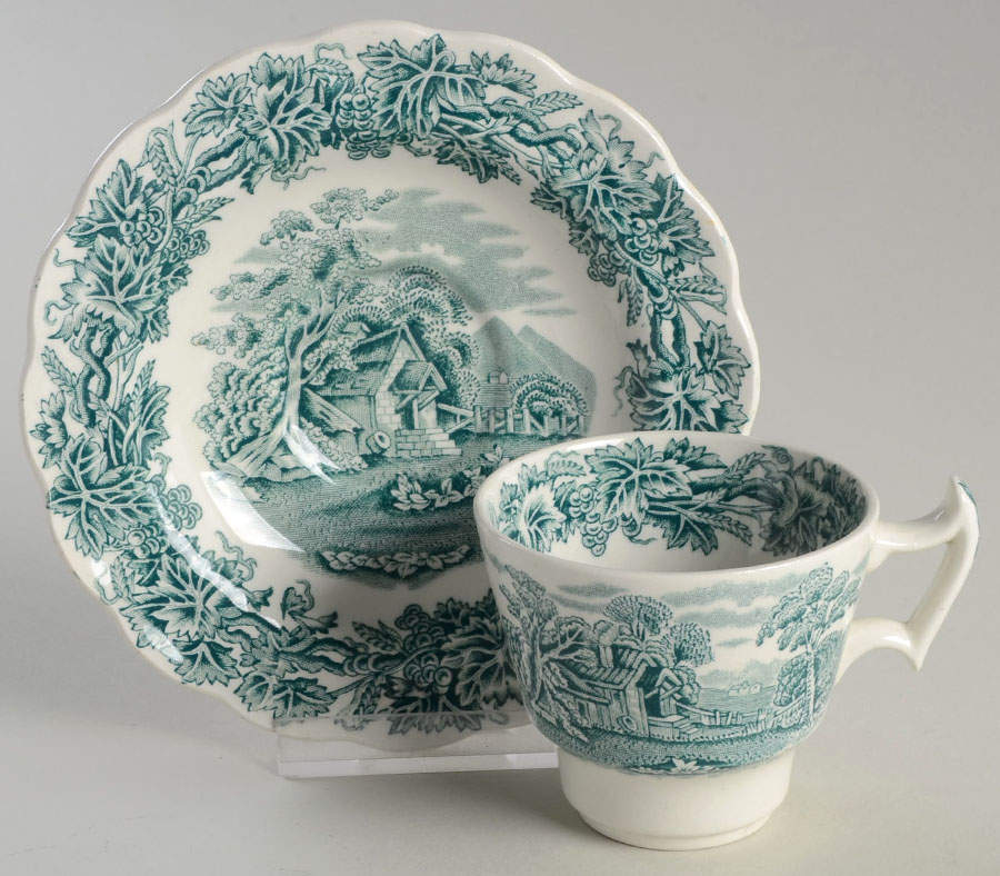 British Scenery Green Footed Demitasse Cup & Saucer Set by Booths-1