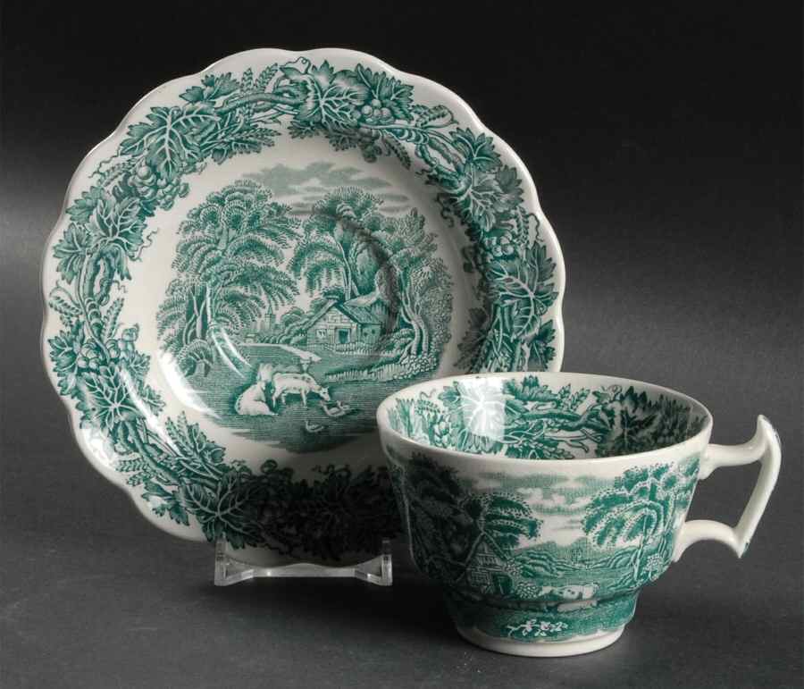 British Scenery Green Footed Cup & Saucer Set by Booths-1