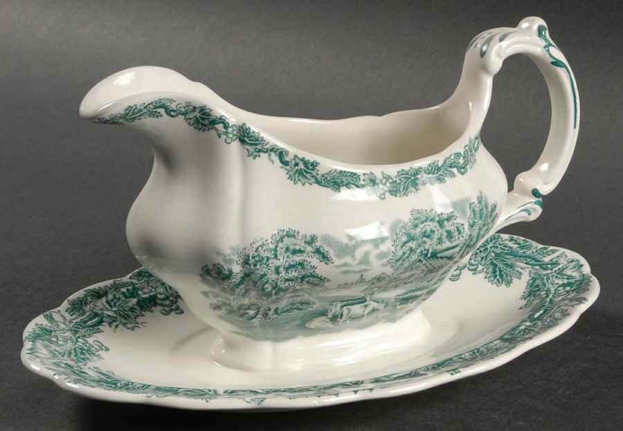 British Scenery Green Gravy Boat with Attached Underplate by Booths-1