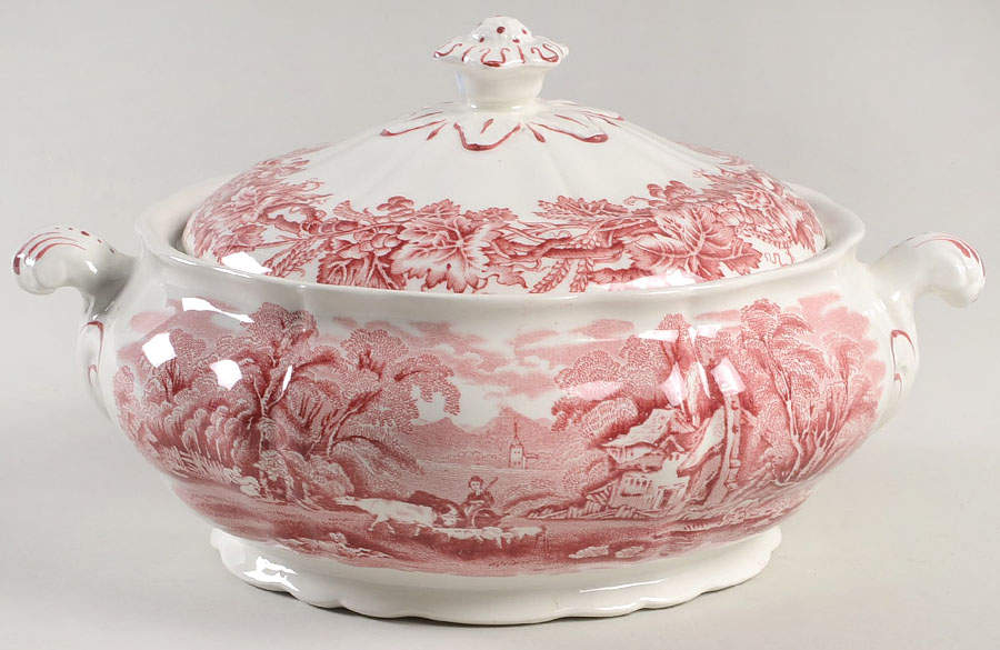 British Scenery Pink (Scalloped, A8024) Round Covered Vegetable by Booths-1