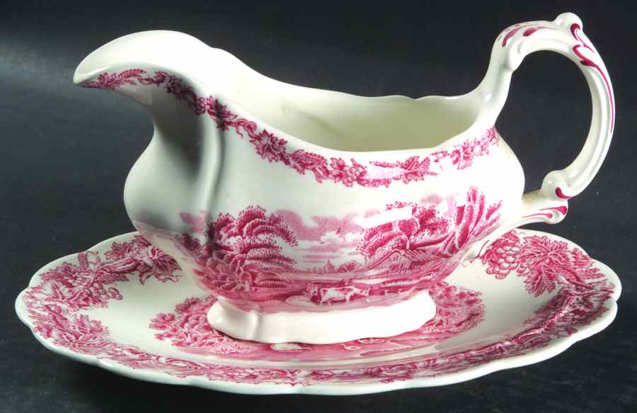 British Scenery Pink (Scalloped, A8024) Gravy Boat with Attached Underplate by Booths-1