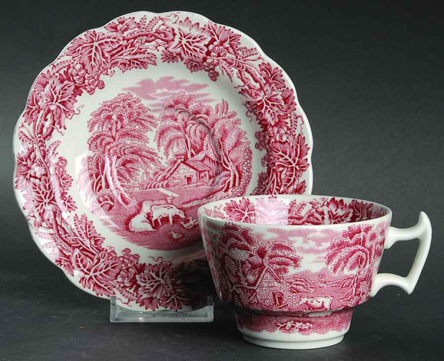 British Scenery Pink (Scalloped, A8024) Flat Cup & Saucer Set by Booths-1