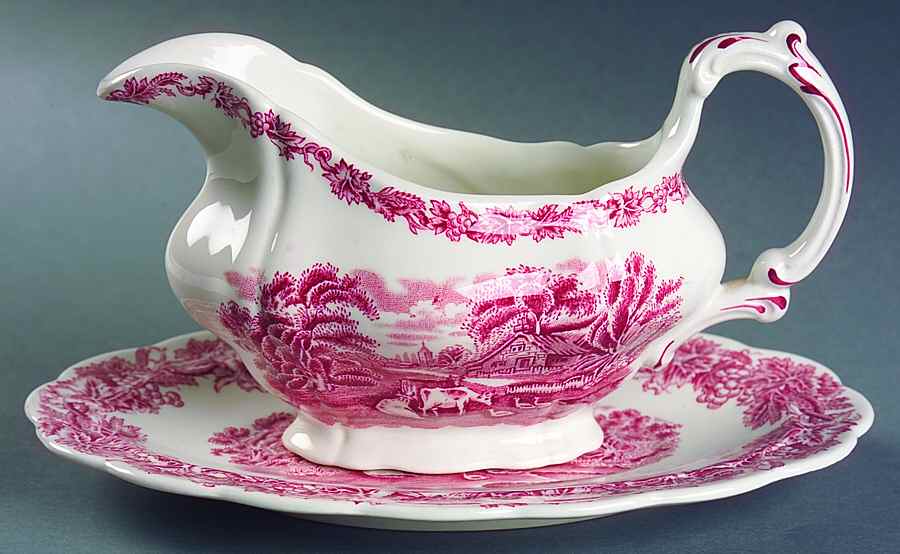 British Scenery Pink (Scalloped, A8024) Gravy Boat & Underplate by Booths-1