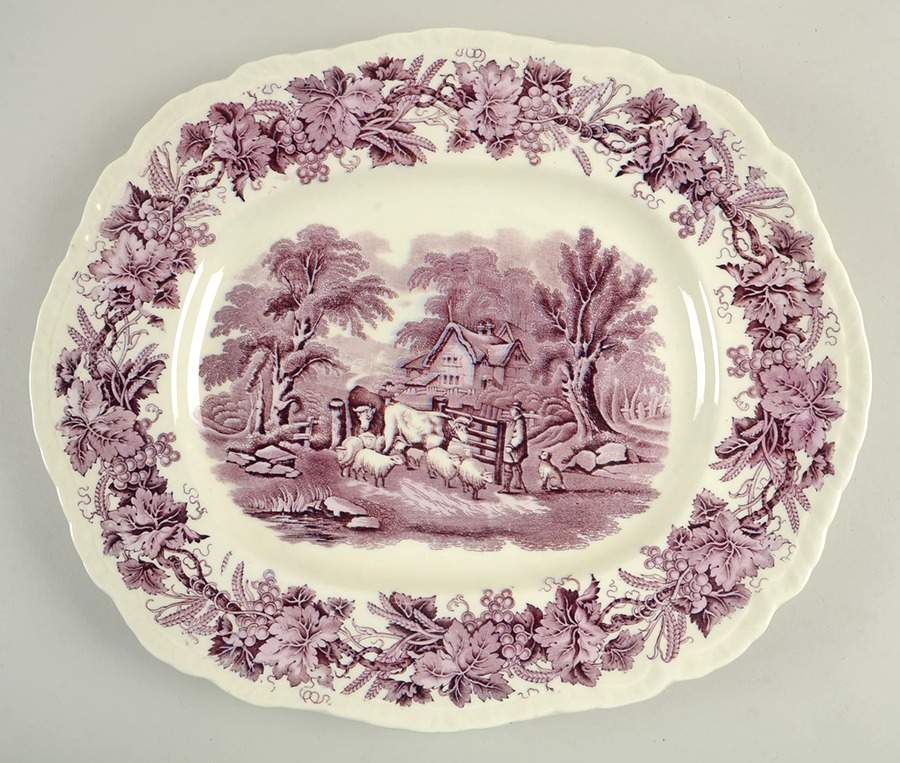 British Scenery Purple (Embossed Edge) 16" Oval Serving Platter by Booths-1