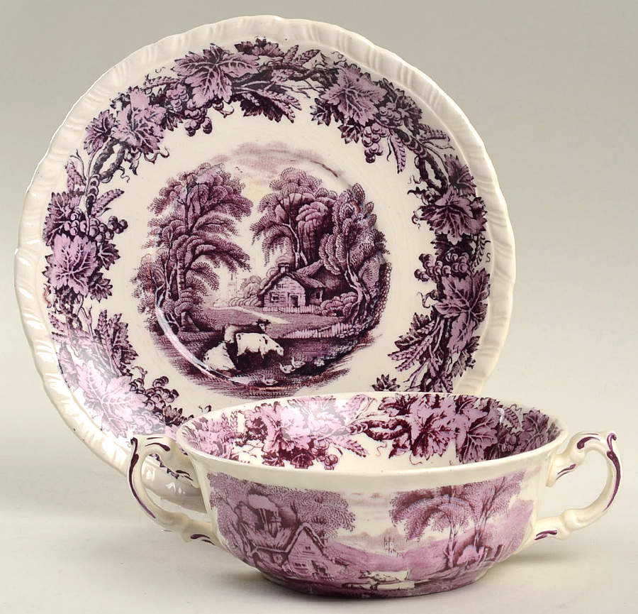 British Scenery Purple (Embossed Edge) Flat Cream Soup Bowl & Saucer Set by Booths-1