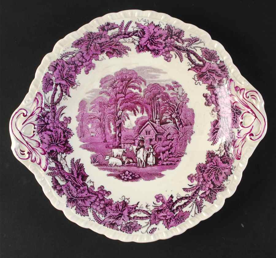 British Scenery Purple (Embossed Edge) Handled Cake Plate by Booths-1