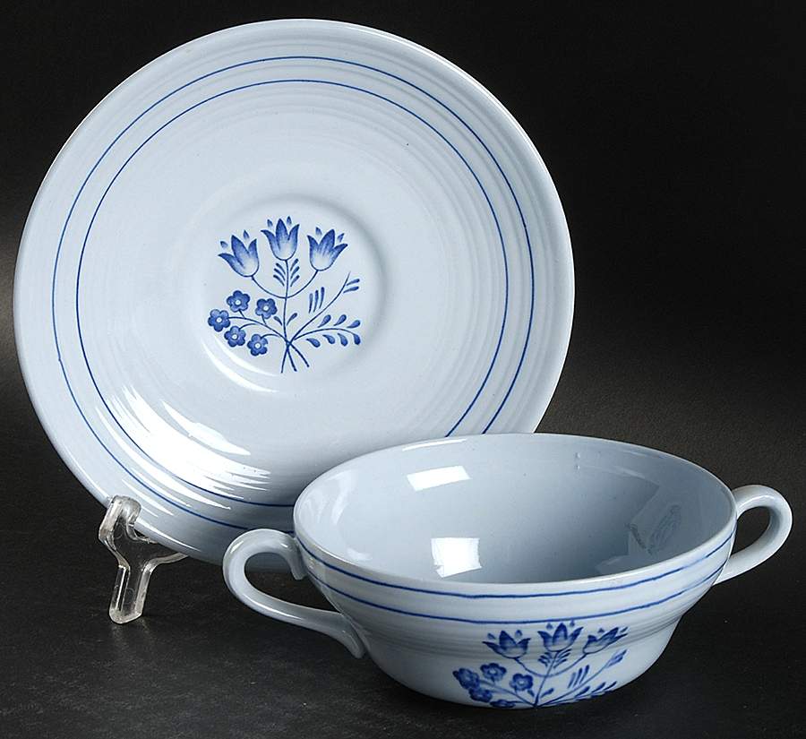 Canterbury Blue (Floral Center) Flat Cream Soup Bowl & Saucer Set by Booths-1