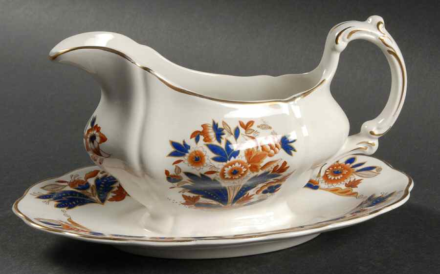 Dovedale Brown and Cobalt Gravy Boat with Attached Underplate by Booths-1