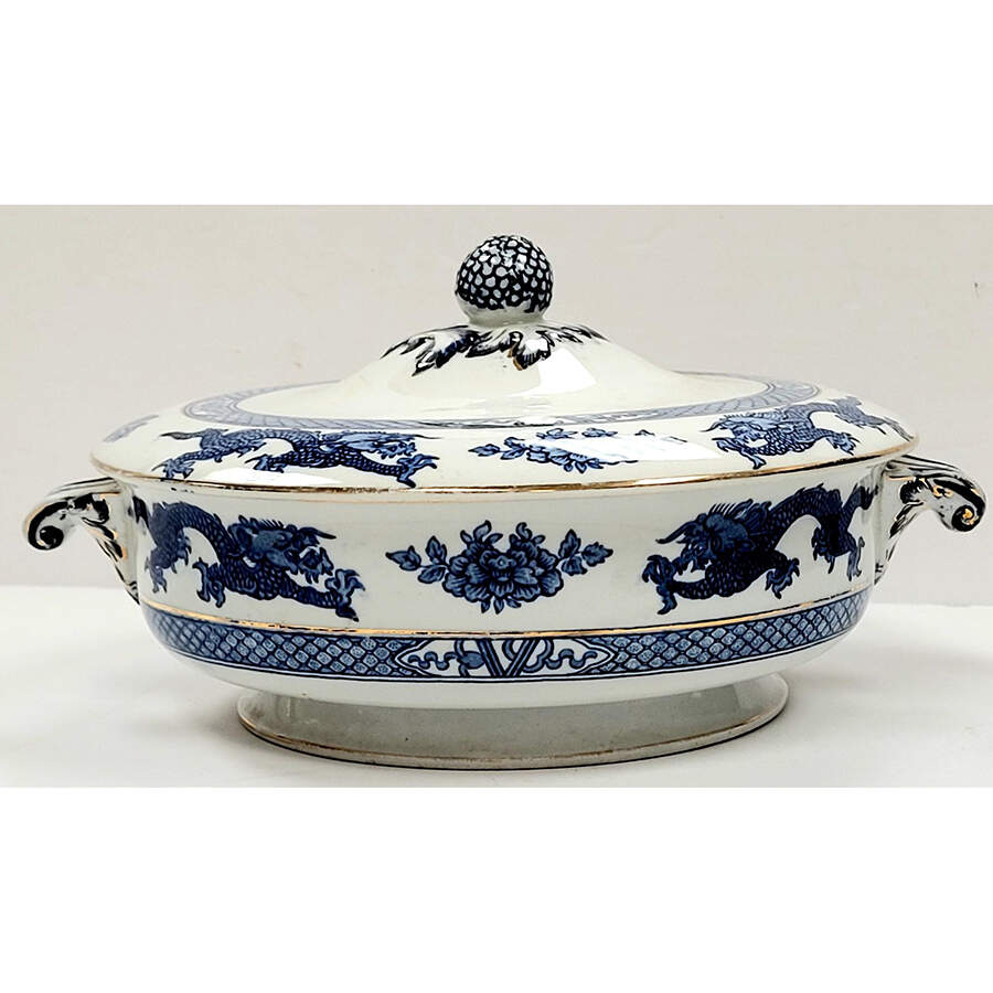 Dragon Blue (Gold Trim) Oval Covered Vegetable by Booths-1