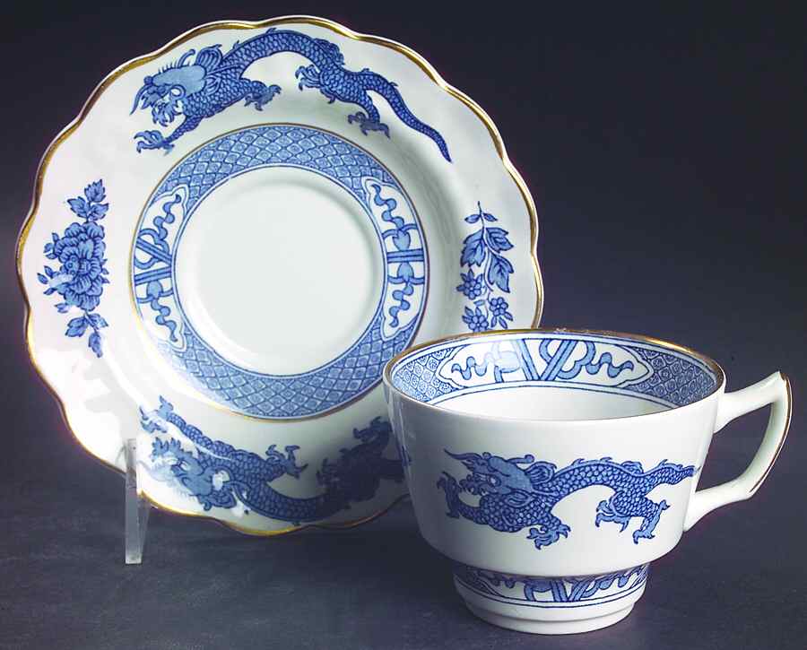 Dragon Blue (Gold Trim) Flat Cup & Saucer Set by Booths-1