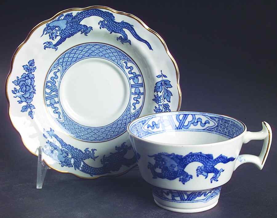 Dragon Blue (Gold Trim) Flat Cup & Saucer Set by Booths-1