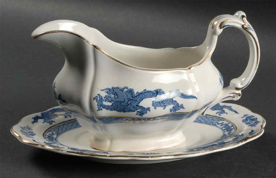 Dragon Blue (Gold Trim) Gravy Boat & Underplate by Booths-1
