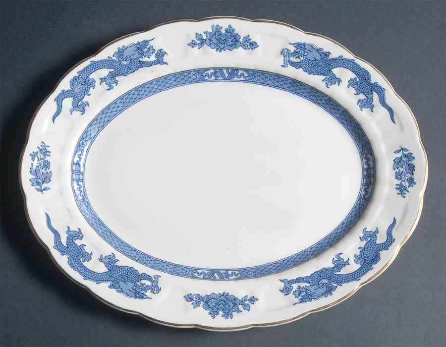 Dragon Blue (Gold Trim) 12" Oval Serving Platter by Booths-1
