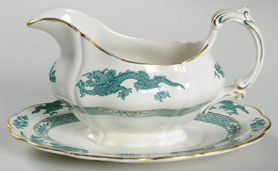 Dragon Green Gravy Boat with Attached Underplate by Booths-1