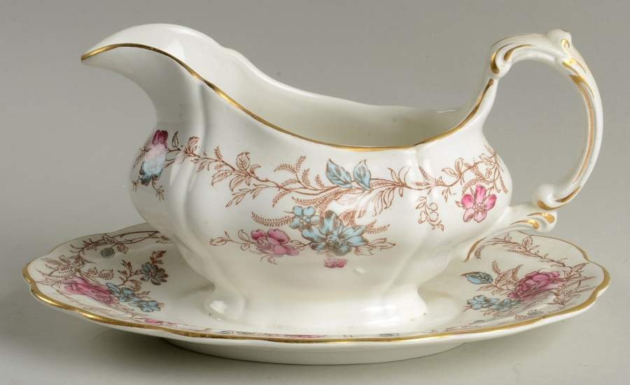 Floral Chine Gravy Boat with Attached Underplate by Booths-1
