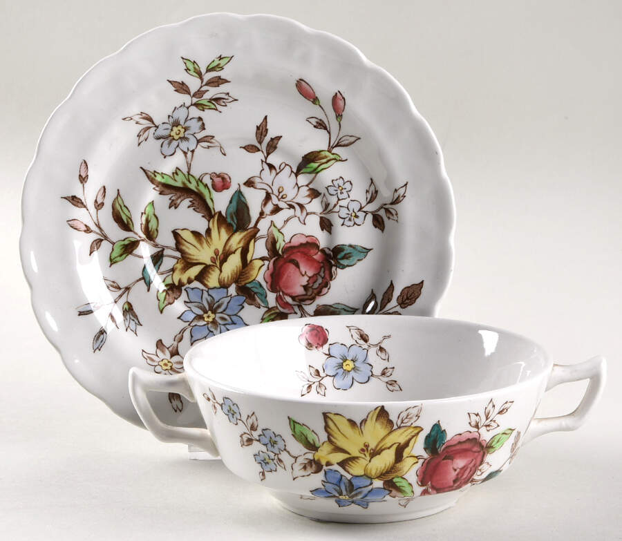 Flowerpiece Flat Cream Soup Bowl & Saucer Set by Booths-1